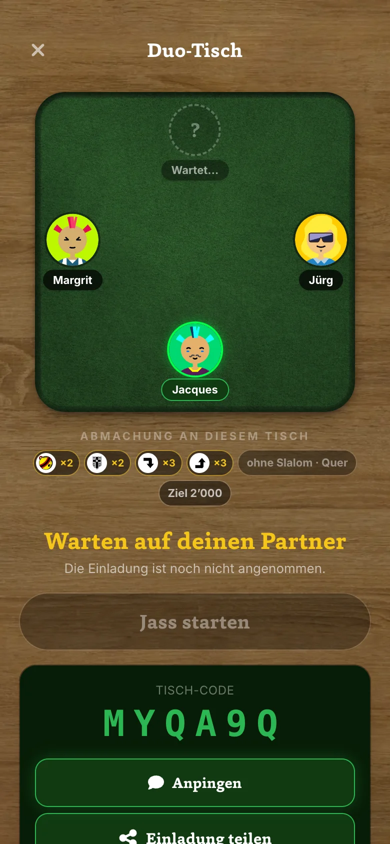 Duo-Einladung in der JassGuru Arena: Link teilen und zu zweit Jass online spielen — die KI stellt die Gegner.
