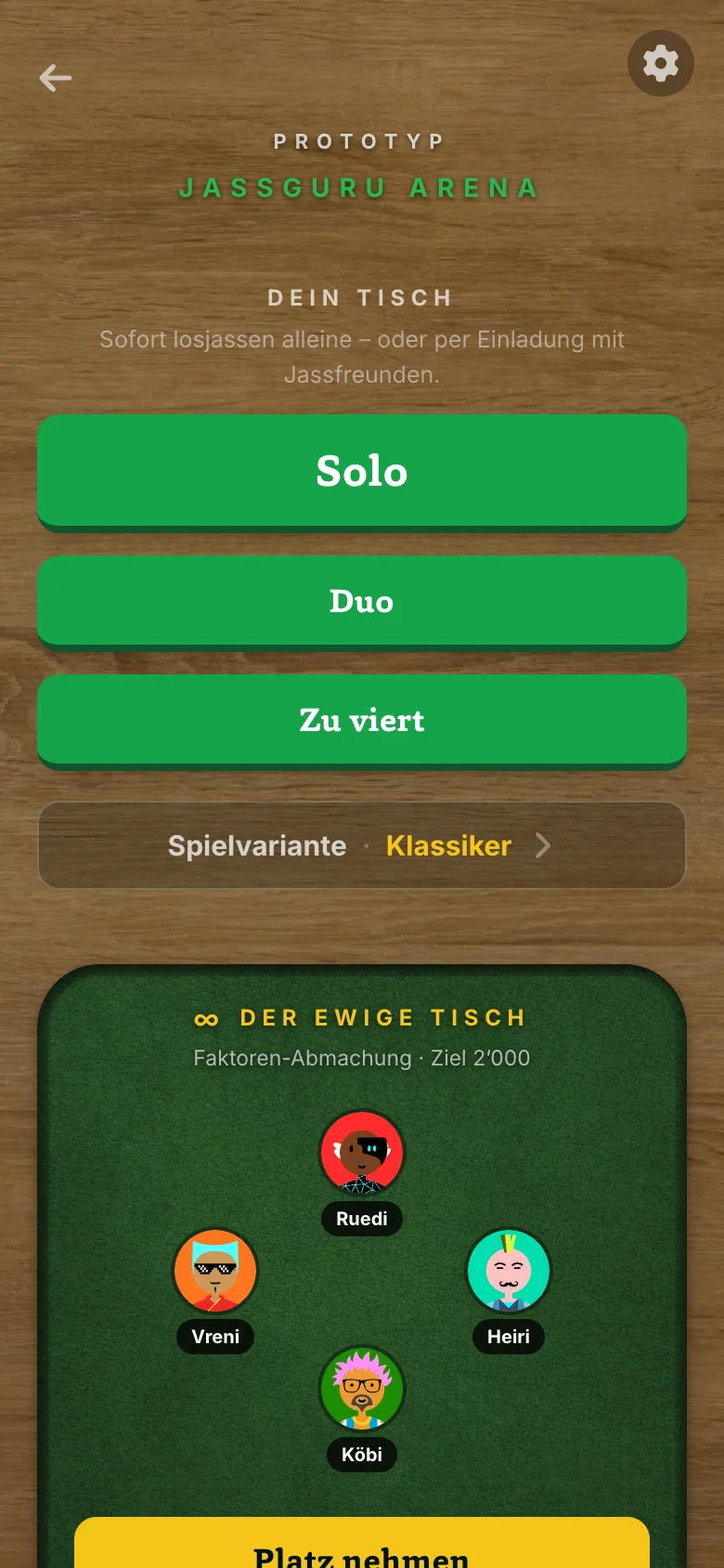 Einstieg in die JassGuru Arena: Tisch wählen und sofort online jassen — der Tisch ist rund um die Uhr offen.