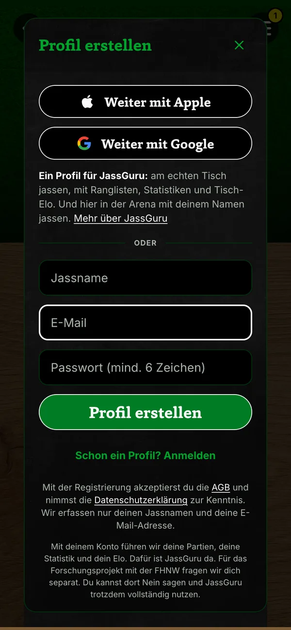 Anmeldefenster mit Apple, Google, E-Mail
