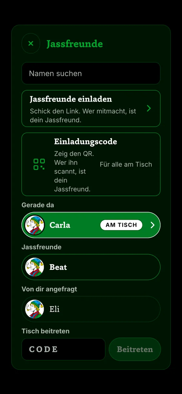 Blatt «Jassfreunde» mit Suche und QR