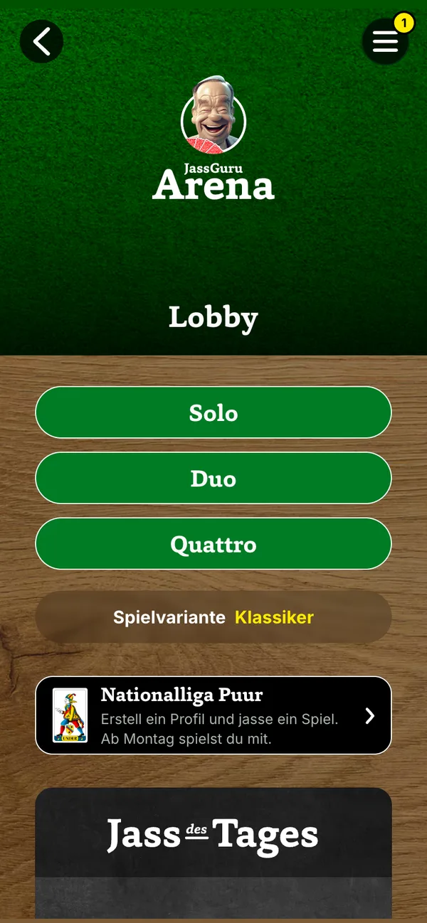 Einstieg der JassArena mit Solo, Duo, Quattro