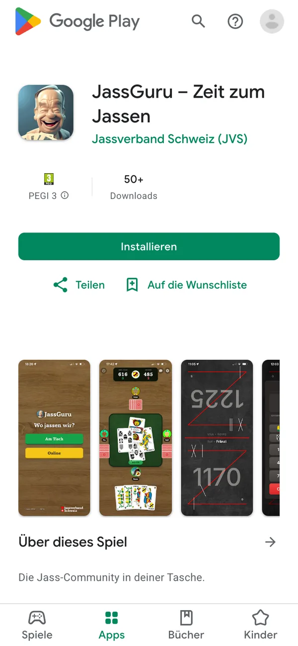 Google Play, Eintrag JassGuru mit «Installieren»