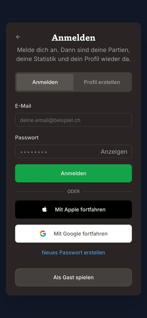 Anmelden mit E-Mail, Apple und Google