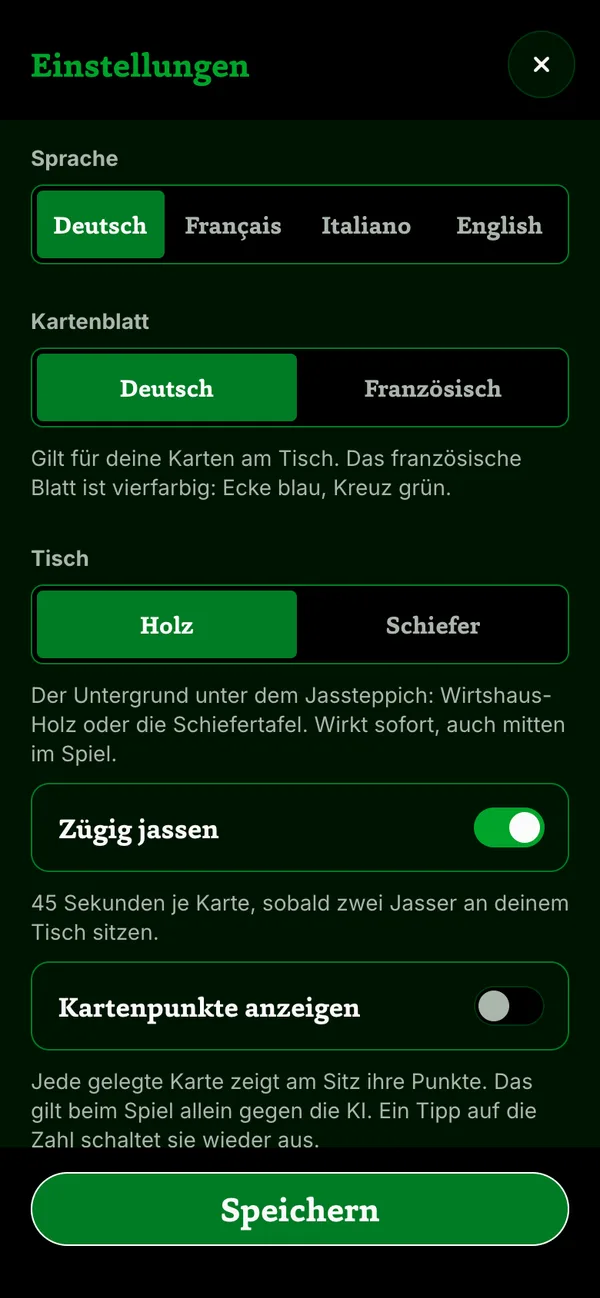 Einstellungen der JassArena, Zeile «Sprache» offen
