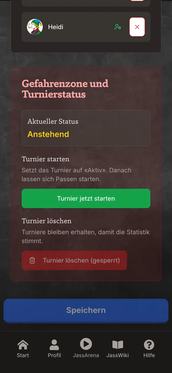 Gefahrenzone mit «Turnier jetzt starten»